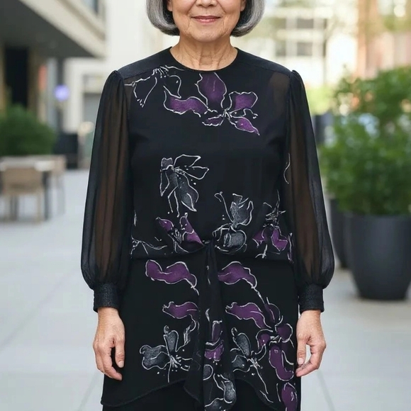 Vintage,Evening Cocktail Dress Black Patterned Chiffon Panels over Black - Picture 1 of 15